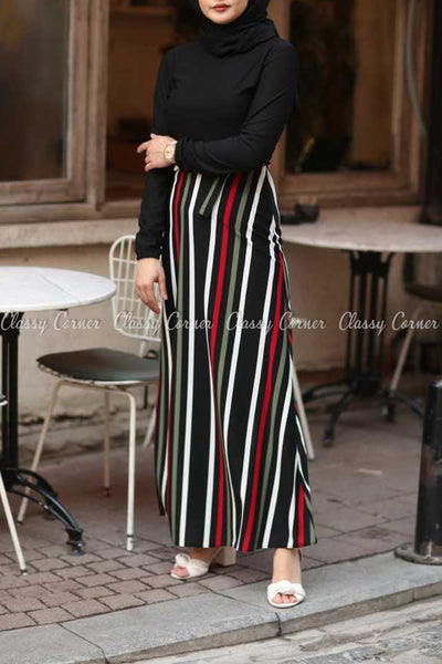 Stripe Pattern Black Modest Long Dress - front view