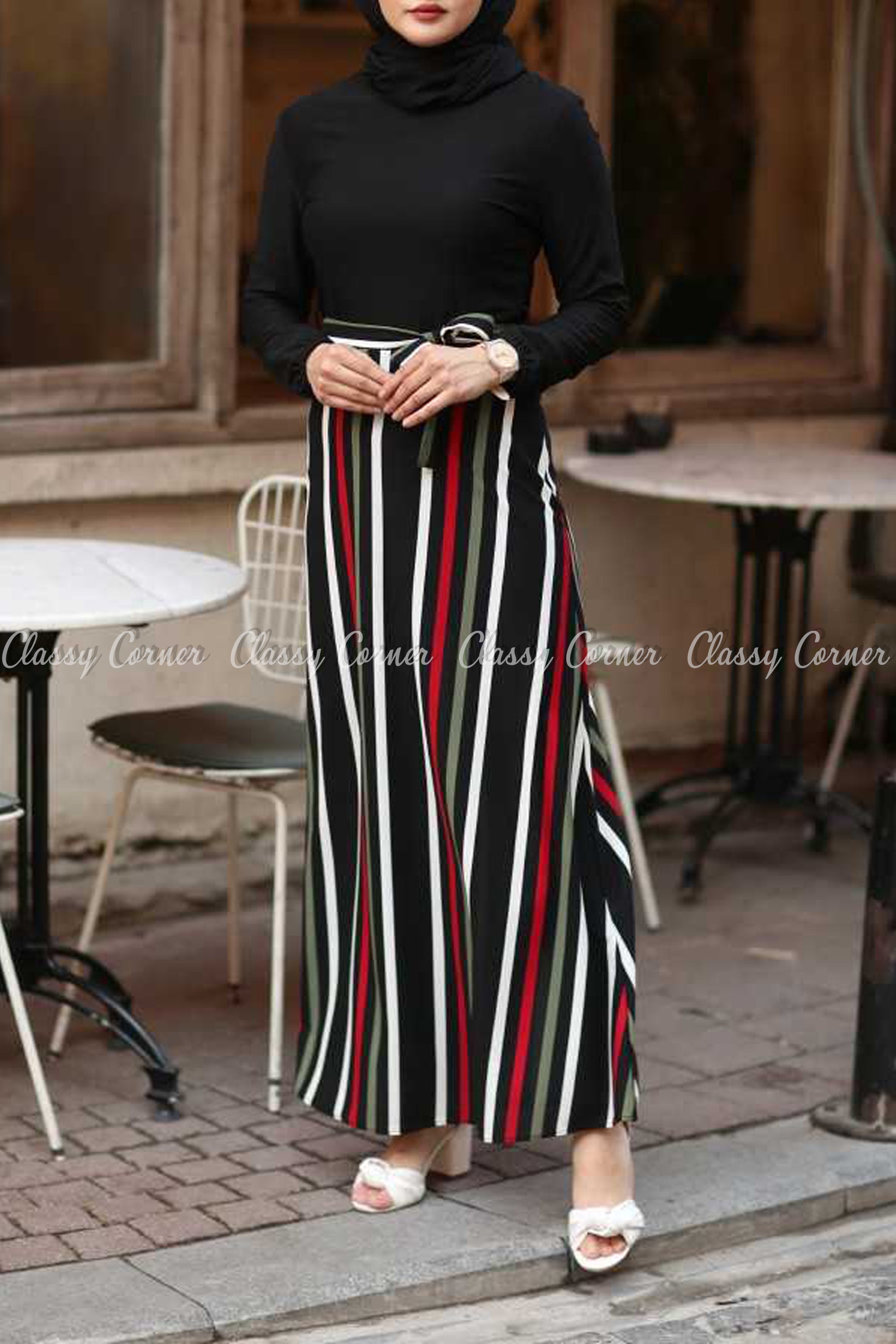 Stripe Pattern Black Modest Long Dress - full front view