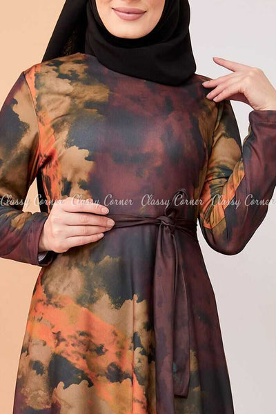 Tie-Dye Print Modest Long Dress - front closer view