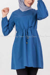 Tie Waist Blue Modest Tunic Dress - -front design