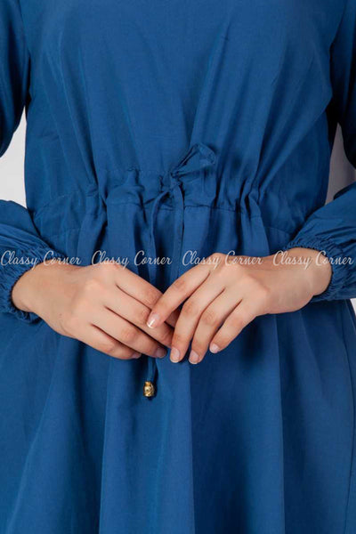 Tie Waist Blue Modest Tunic Dress - tie waist details