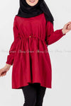 Tie Waist Red Modest Tunic Dress - full front view