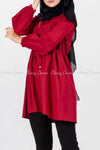 Tie Waist Red Modest Tunic Dress - right side details