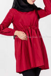 Tie Waist Red Modest Tunic Dress - side details