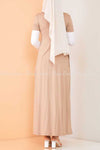 Trendy Style White  Sleeves Beige Modest Long Dress - back view