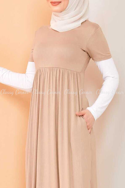 Trendy Style White  Sleeves Beige Modest Long Dress - closer view