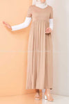 Trendy Style White  Sleeves Beige Modest Long Dress front full view