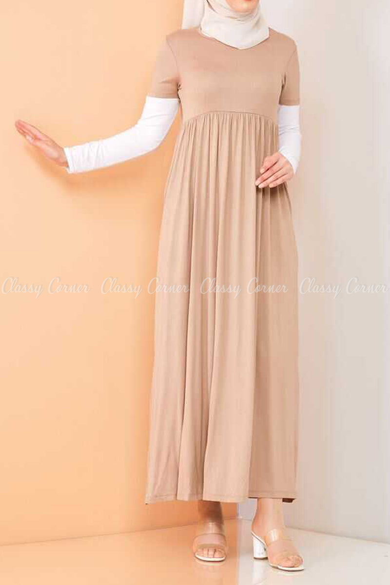 Trendy Style White  Sleeves Beige Modest Long Dress - front view