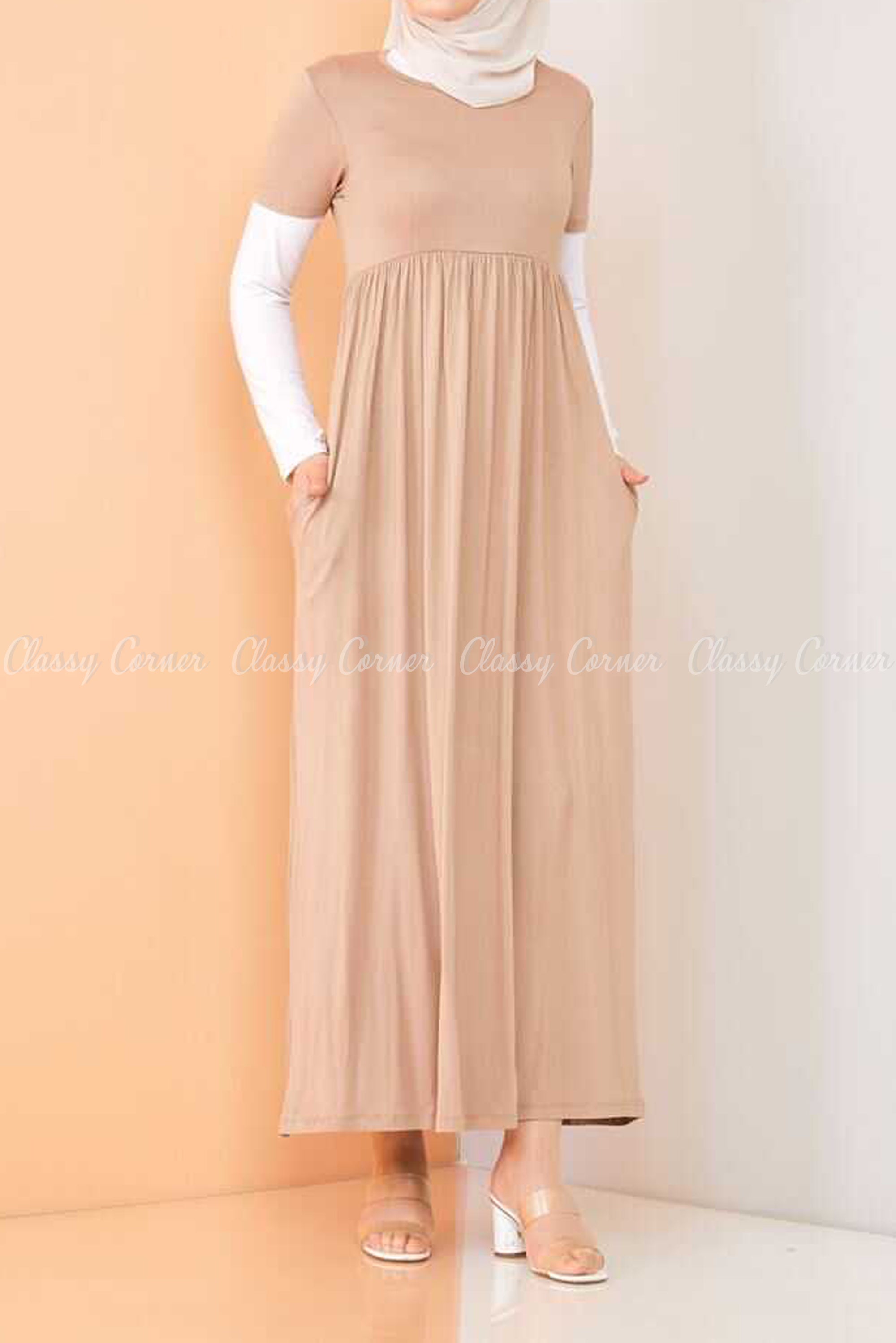Trendy Style White  Sleeves Beige Modest Long Dress - front view