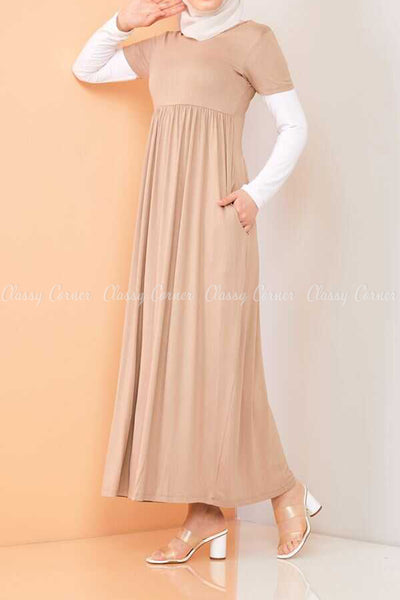 Trendy Style White  Sleeves Beige Modest Long Dress - side view