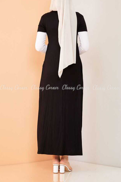 Trendy Style White Sleeves Black Modest Long Dress - back view