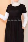 Trendy Style White Sleeves Black Modest Long Dress - closer view