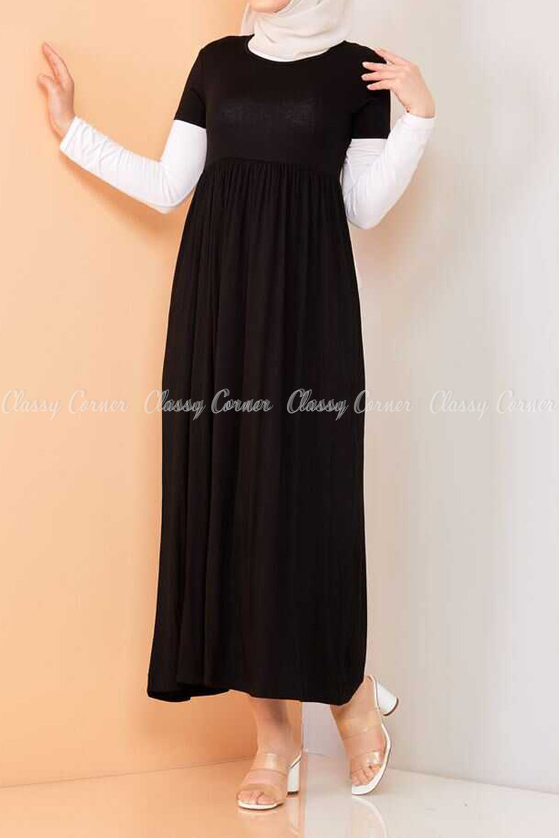 Trendy Style White Sleeves Black Modest Long Dress - front