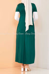 Trendy Style White Sleeves Green Modest Long Dress - back view