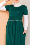 Trendy Style White Sleeves Green Modest Long Dress - closer view