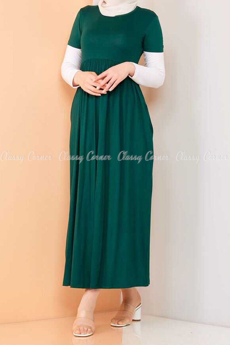 Trendy Style White Sleeves Green Modest Long Dress - front view