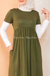 Trendy Style White Sleeves Khaki Green Modest Long Dress  - front closer view