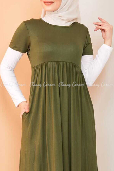 Trendy Style White Sleeves Khaki Green Modest Long Dress  - front closer view