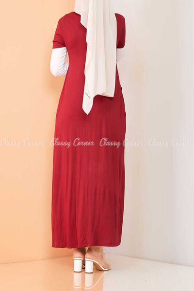 Trendy Style White  Sleeves Red Modest Long Dress - back view