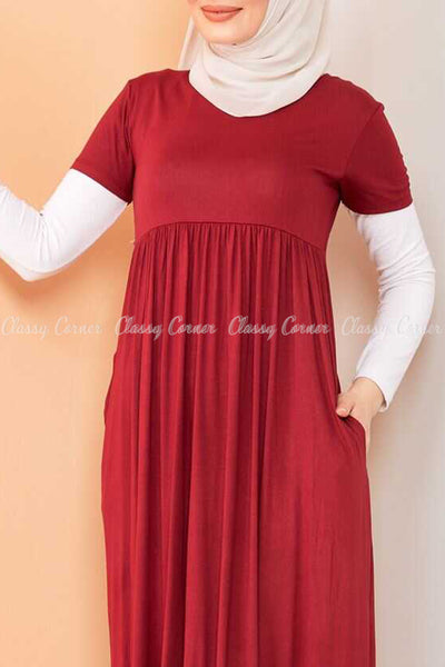 Trendy Style White  Sleeves Red Modest Long Dress - closer view