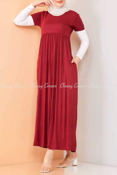 Trendy Style White  Sleeves Red Modest Long Dress - front
