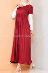 Trendy Style White  Sleeves Red Modest Long Dress side full view