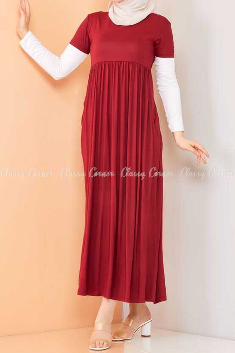Trendy Style White  Sleeves Red Modest Long Dress - front