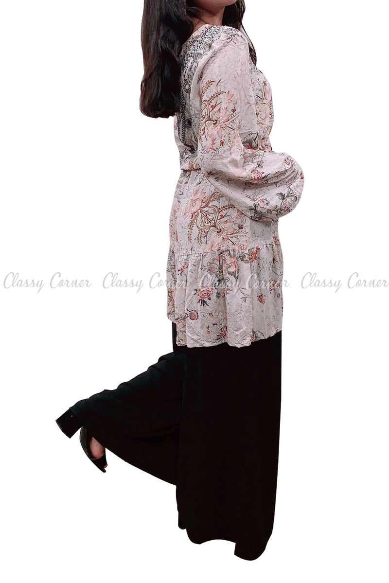 Tropical Floral Print White Modest Tunic Dress - full front view