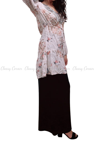 Tropical Floral Print White Modest Tunic Dress - side view