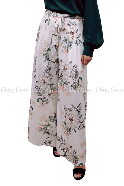 Tropical Leafy Floral Printed White Elegant Pants - front view