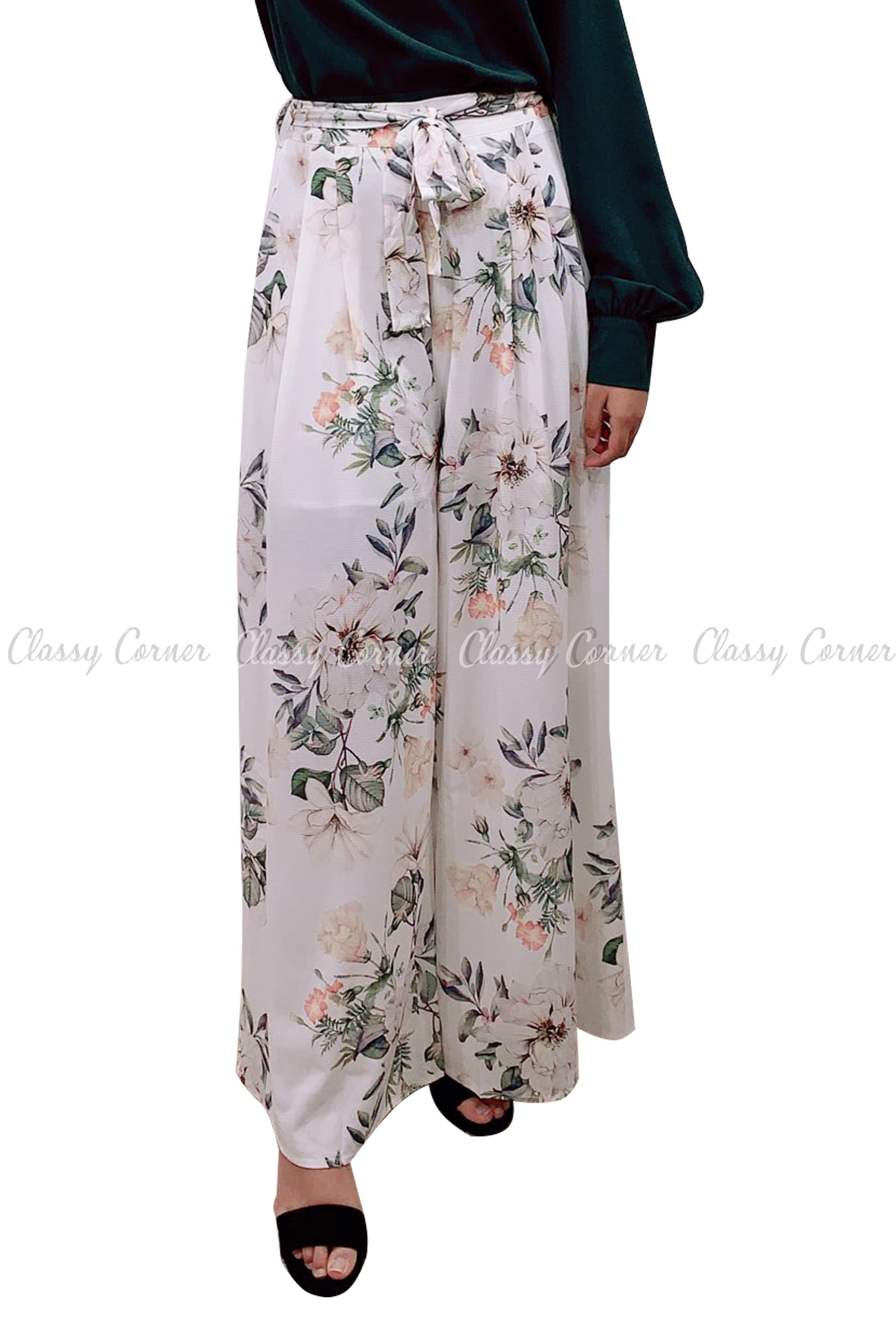 Tropical Leafy Floral Printed White Elegant Pants - full front view