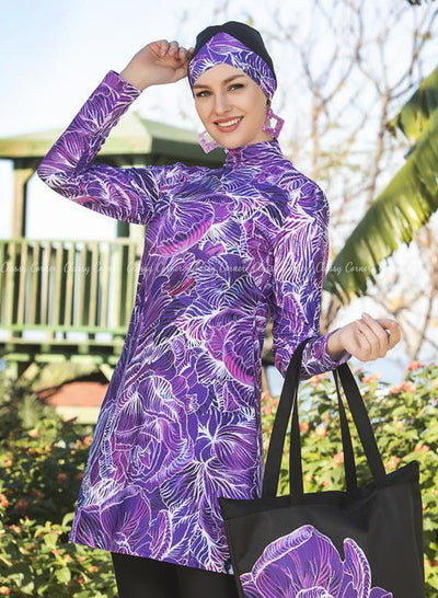 Black Purple Shades Flower Printed Design Full Bodysuit Swimsuit Closed up