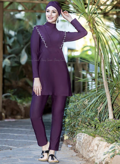 Purple Side Ruffled Design Full Bodysuit Swimsuit