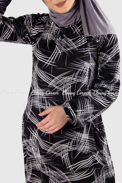 White Abstract Line Print Black Modest Long Dress Closer View