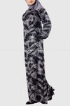 White Abstract Line Print Black Modest Long Dress Side View