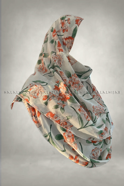 White Orange Floral Soft  Georgette Instant Hijab