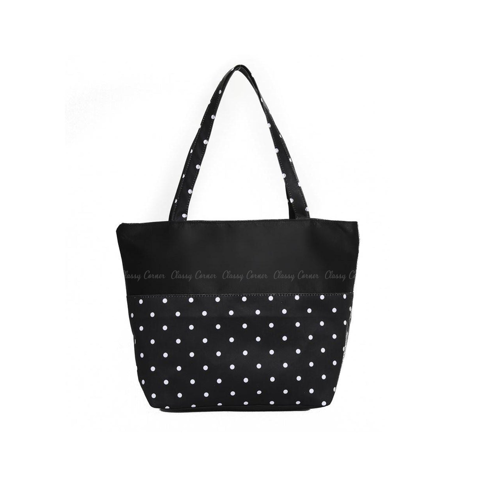 White Polka Dots Print with Zipper Black Beach Tote Bag