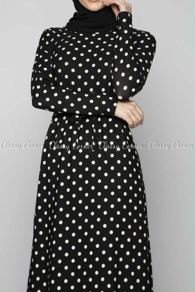 White Polka Dots Print Black Modest Long Dress - Full front view