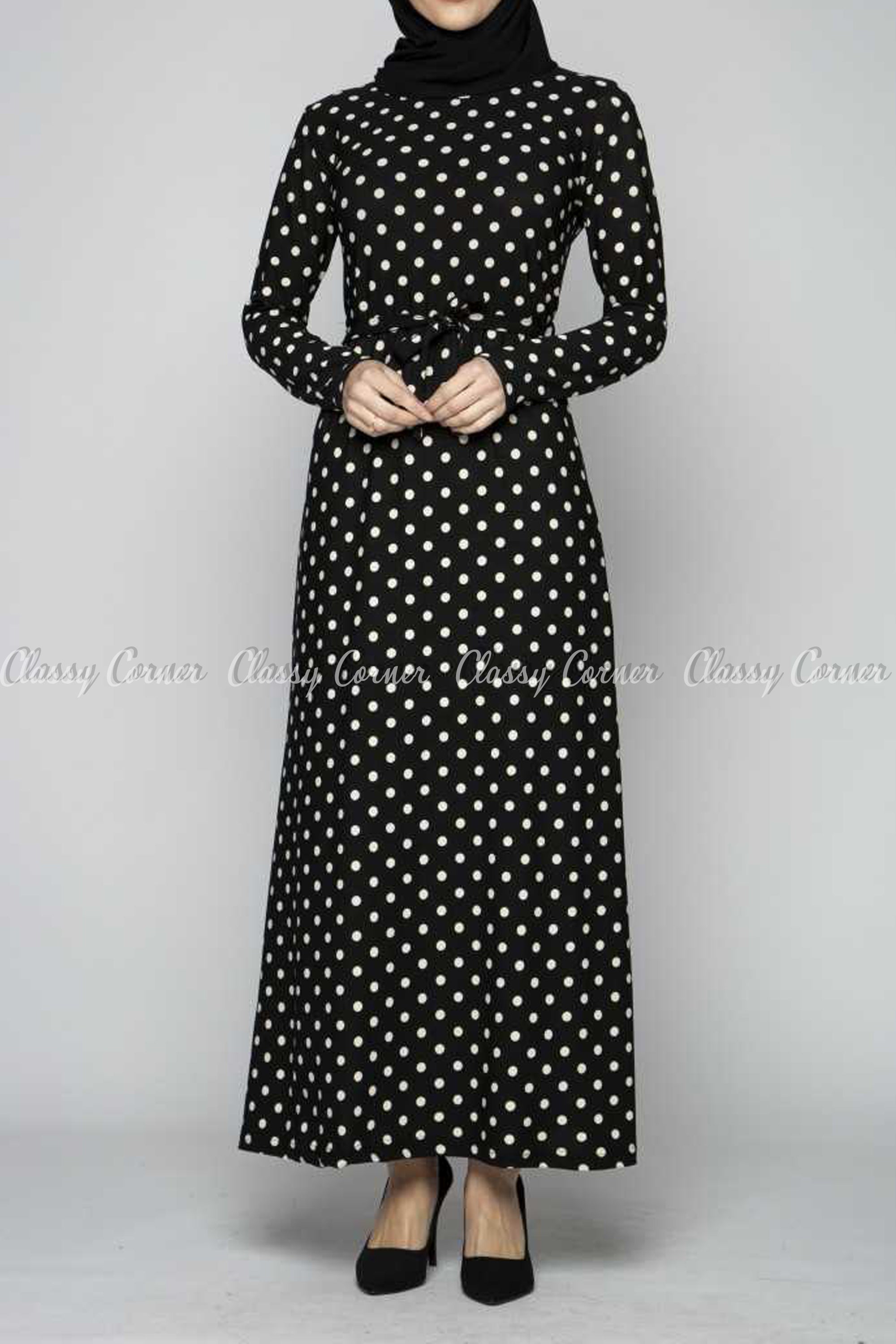 White Polka Dots Print Black Modest Long Dress - Full front view