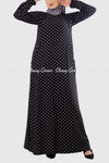 White Polka Dots Print Black Modest Long Dress Front View