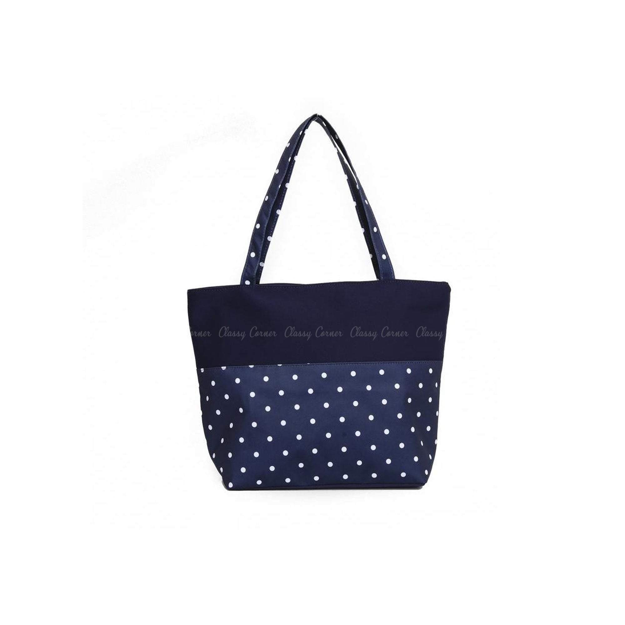 White Polka Dots Print with Zipper Navy Blue Beach Tote Bag