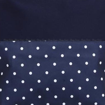 White Polka Dots Print with Zipper Navy Blue Beach Tote Bag Closed Up