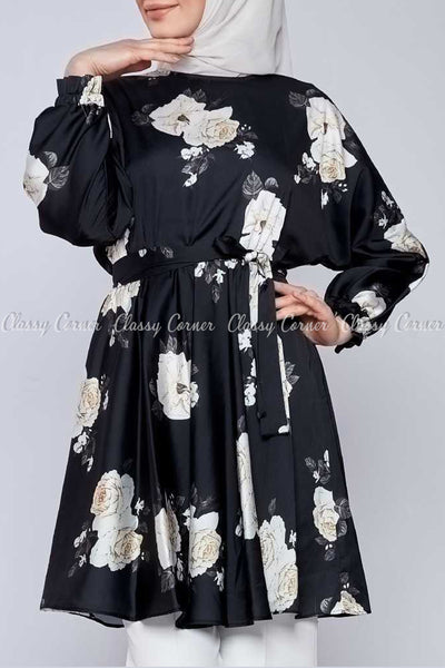 White Rose Print Black Modest Tunic Dress - side view