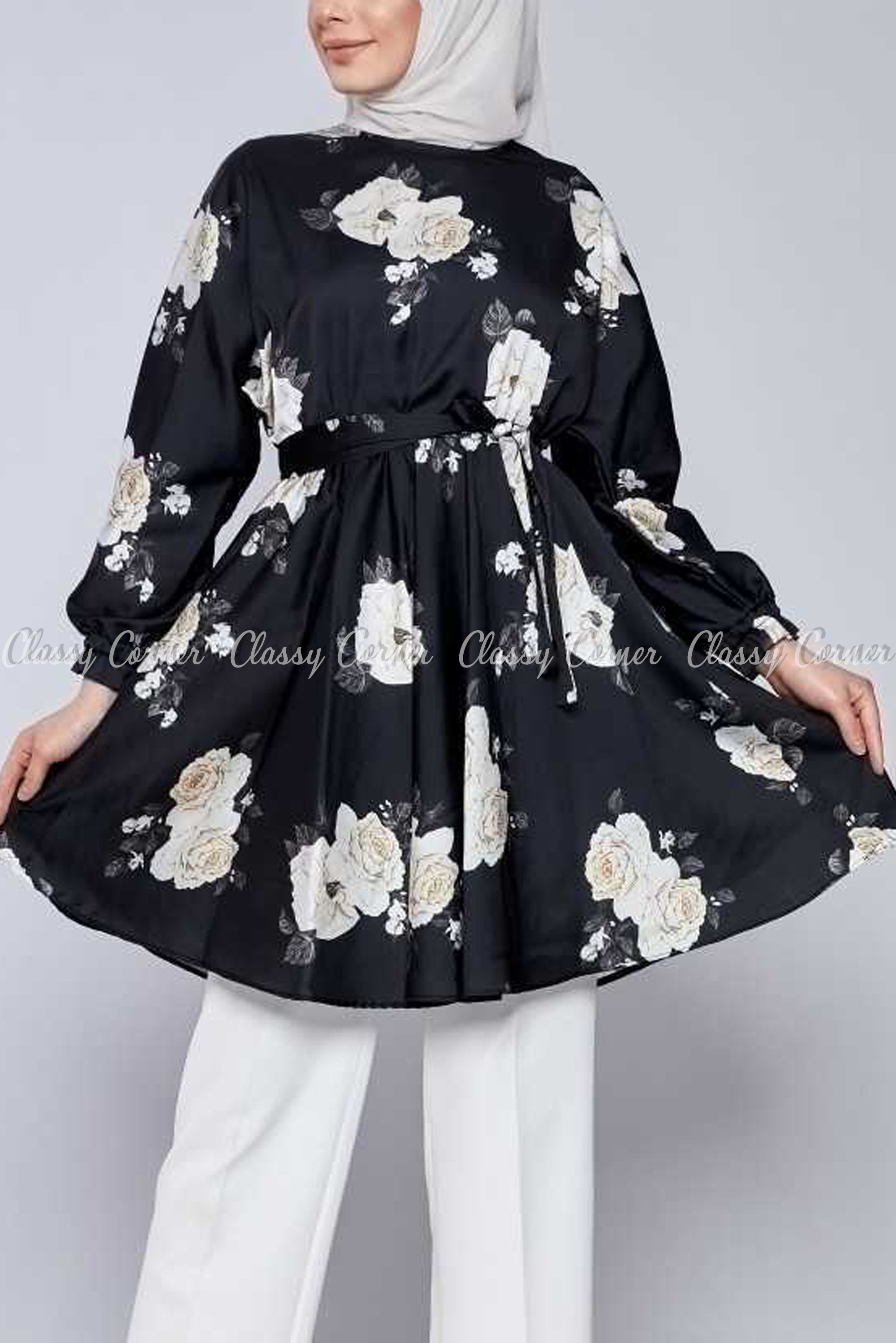 White Rose Print Black Modest Tunic Dress