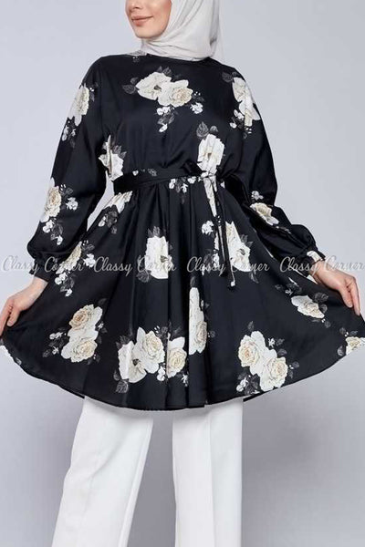 White Rose Print Black Modest Tunic Dress - full front view