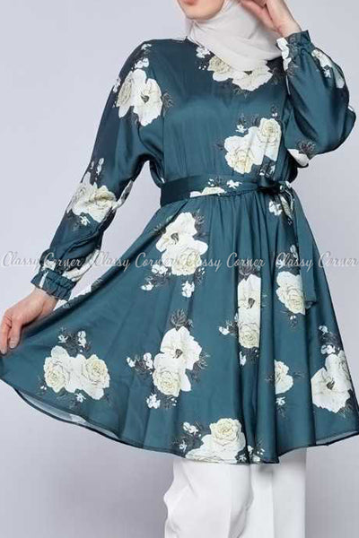 White Rose Print Emerald Green Modest Tunic Dress - front view