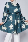 White Rose Print Emerald Green Modest Tunic Dress - full front view