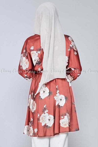 White Rose Print Red Modest Tunic Dress - back view