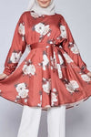 White Rose Print Red Modest Tunic Dress - full front view