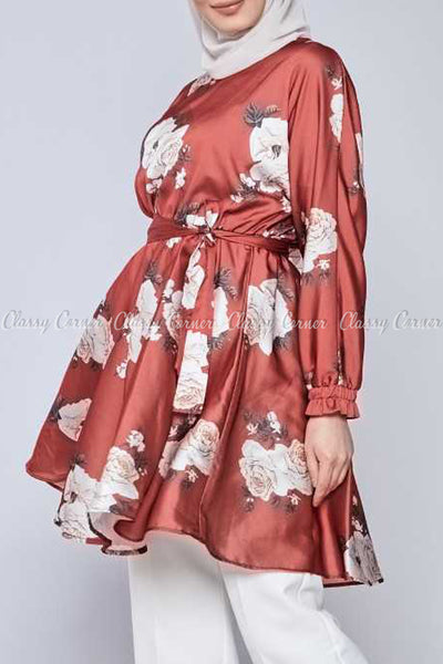 White Rose Print Red Modest Tunic Dress - side details